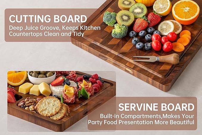 Walnut Wood Cutting Boards for Kitchen, Large Chopping Board Double Sided, End Grain Cutting Board with Handle, Charcuterie Butcher Block for Meal Prep & Serving with Gift Box, 17"×13"×1"
