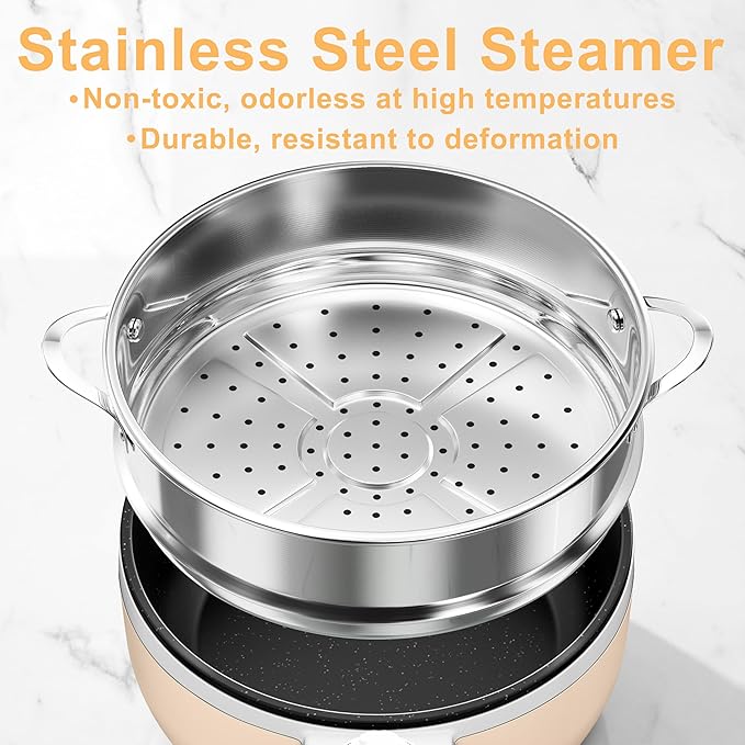 Dezin Hot Pot Electric with Steamer Upgraded, Non-Stick Sauté Pan, Rapid Noodles Electric Pot, 1.5L Mini Pot for Steak, Egg, Fried Rice, Ramen, Oatmeal, Soup with Power Adjustment
