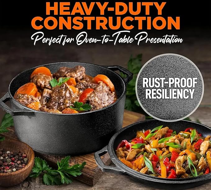 5QT Cast Iron Dutch Oven with Lid and with Double Handle for Bread Baking,Cast Iron Skillet Cooking Pan Heat Resistant,Non-Stick, Includes Bread Baking Supplies and Cleaning Brush.