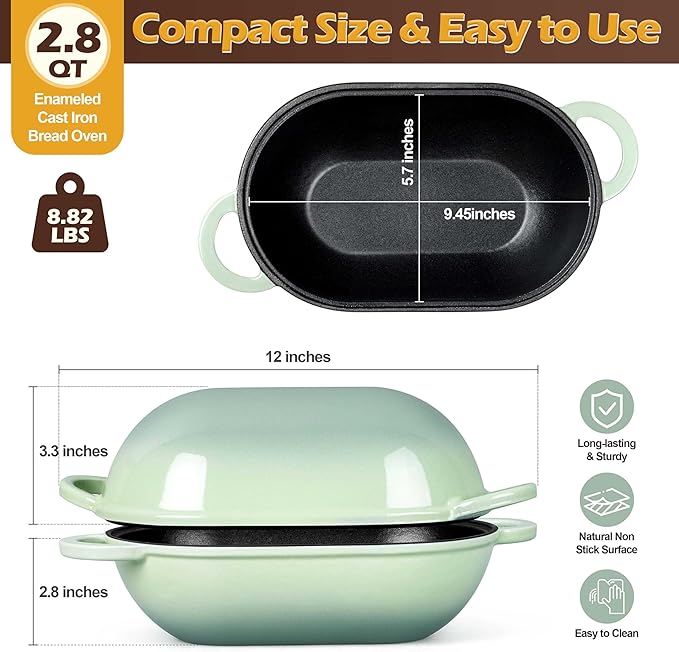 Homikit Enameled Cast Iron Dutch Oven for Bread Baking, 2.8 QT Oval Bread Oven Pot with Lid, 9.5 x 5.7 Inch Sourdough Loaf Baking Pan for Homemade Bread, Heavy Duty & Oven Safe, Pistachio Green