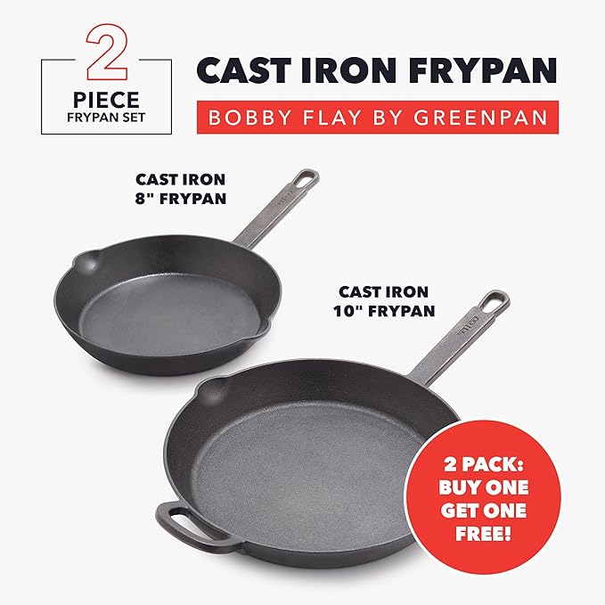 GreenPan x Bobby Flay Cast Iron Skillet Set, 8” &10” Pre-Seasoned Frying Pans, Pour Spouts, Induction Compatible, Oven, Grill, Indoor/Outdoor, Durable, Black