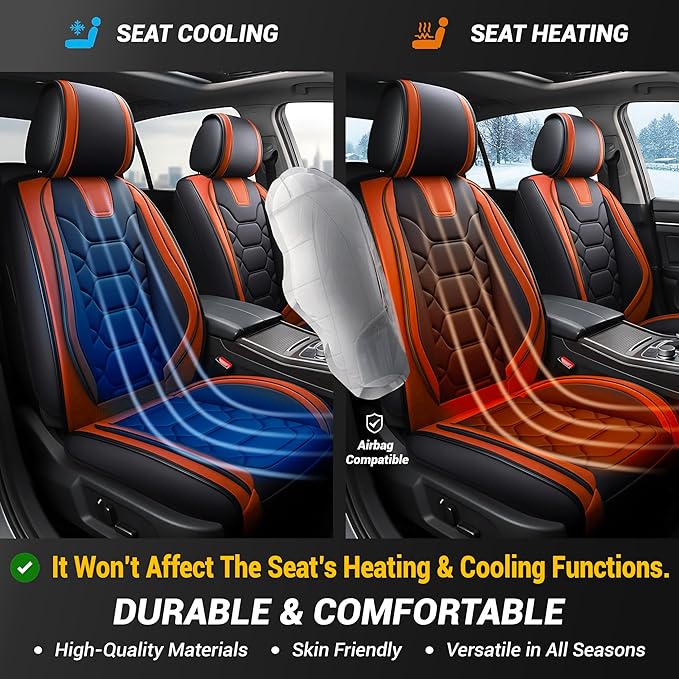 OASIS AUTO Car Seat Covers Full Set, Sporty Faux Leather with Honeycomb Pattern, Waterproof Universal Fit for SUV, Sedan, Pick-up Truck, Automotive Interior Accessories (OS-004 Black&Orange)