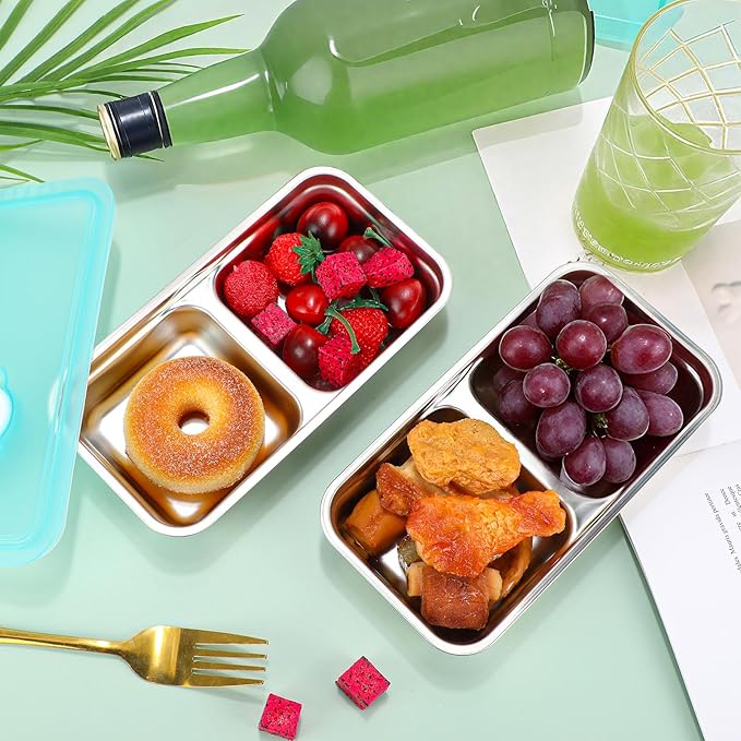 20 Pcs Stainless Steel Snack Containers 30 oz 2-compartment Meal Prep Containers Reusable Metal Divided Bento Box with Silicone Lids Leakproof Lunch Box Dishwasher Safe (Blue)