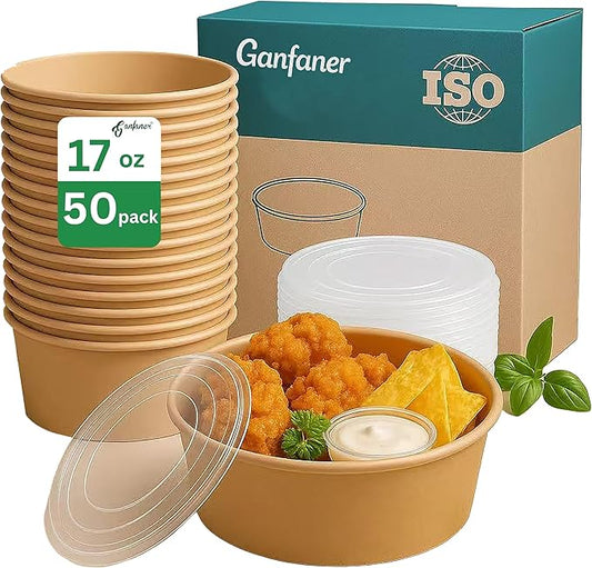 17oz Disposable Round Paper Bowls with Lid, 50 Sets Deli Containers Box Spillproof Acai Bowls, To Go Salad Bowl for Lunch Meal, Paper Meal Prep Box for Soup Toppings Snack Camp Family