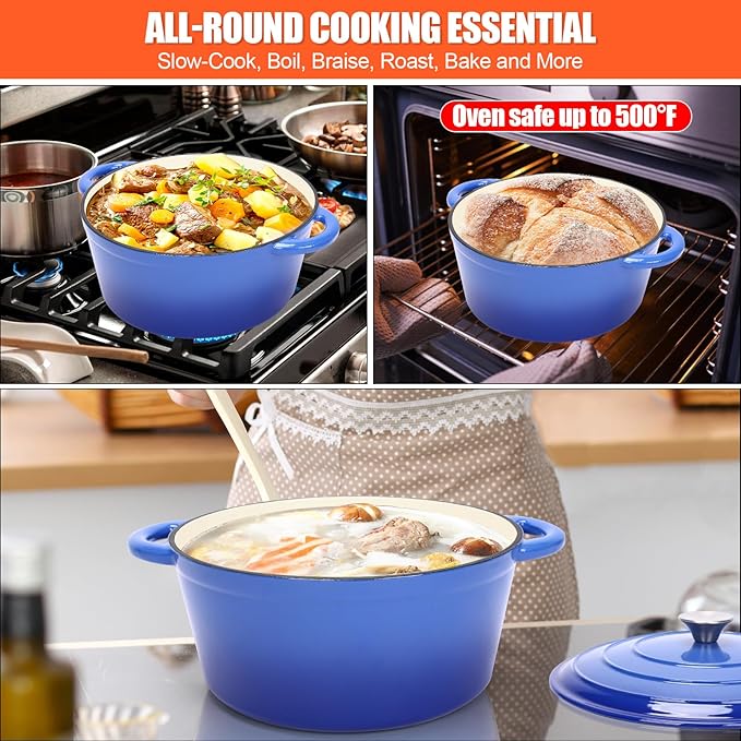 Dutch Oven for Bread Baking, 6QT Enameled Cast Iron sourdough dutch oven with Lid – Includes Proofing Basket, Scoring Lame, Dough Whisk for Sour dough, Bread-making, Blue