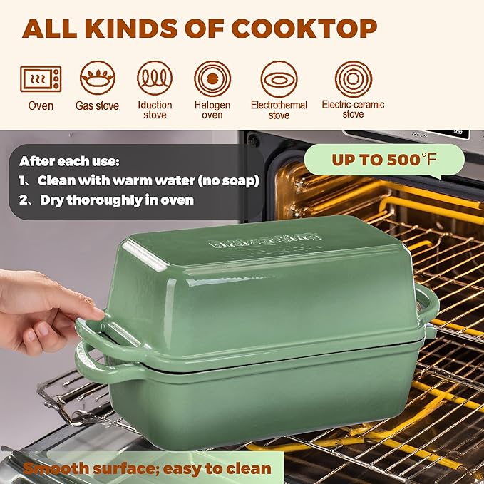 11x5 Inch Cast Iron Loaf Pan With Lid, 5.8 Qt Large Loaf Pans for Sourdough Bread Baking, Heavy Duty Dutch Oven Bread Pan For a Crispy Crust, Pistachio
