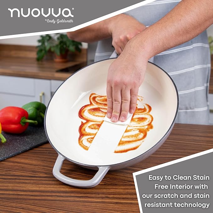 Shallow Cast Iron Casserole with Lid – Non Stick Dutch Oven Pot, Oven Safe up to 500° F – Sturdy Ovenproof Stockpot Cookware – Enamelled Cooking Pot – Grey, 5-Quart, 32cm – by Nuovva