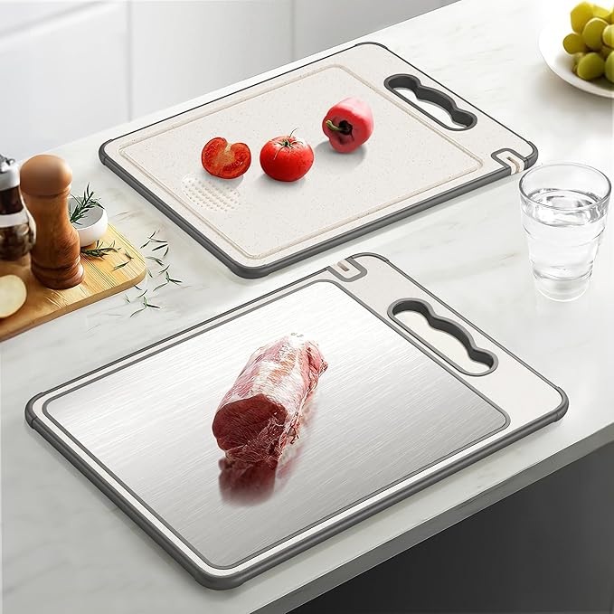 Stainless Steel Cutting Board,2-in-1 Cutiing Board Stainless Steel & Wheat Straw PP,Double Sided Chopping Board for Kitchen,Anti-Slip Silicone Edges,Juice Groove,Dishwasher Safe(Grey,14.4"L*9.8"W)