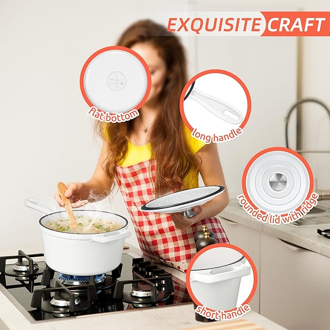 HaSteeL 3 QT Cast Iron Saucepan, Enamel dutch oven with lid, Small Non Stick Pan for Milk, Pasta Tomato Sauce, Butter, Breakfast, Soup, Suitable for Boiling Stewing Frying, Easy to Clean, White