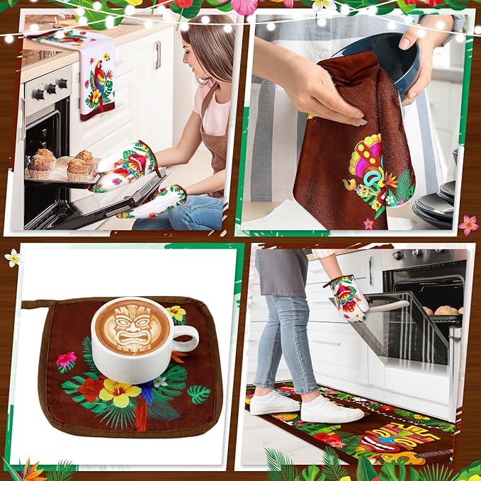 10 Pcs Hawaii Kitchen Towels Oven Mitts and Pot Holder Luau Aloha Kitchen Set Decor Flower Tropical Palm Rugs and Mats Parrot Flamingo Dish Towels for Summer Chef Baking Cooking Grilling BBQ
