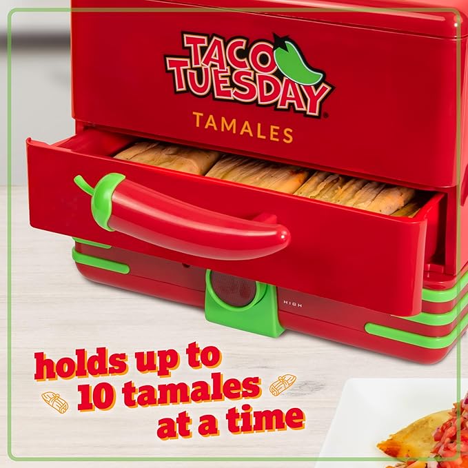 Nostalgia Taco Tuesday Tamales Steamer - Veggie, Pot Sticker, Hot Dog, Egg, & Hot Tamale 2 Tier Food Steamer – Red and Green