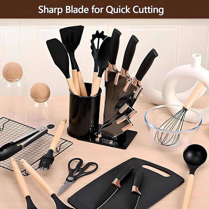 Kitchen Utensils Set and Knives Set,19-in-1 Kitchen Knife Set Include 11 PCS Silicone Cooking Utensils Set 5 PCS Sharp Stainless Steel Chef Knives Scissors and Cutting Board