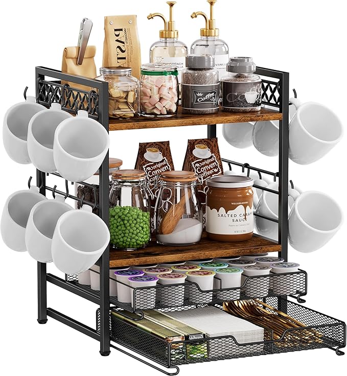 Coffee Bar Organizer Countertop Station Shelf, 4 Tier Mug Cup Holder Stand with 12 Hooks, 30 K Cup Coffee Pod Holder, Multifunctional Coffee Shelf Organizer for Accessories Station Kitchen