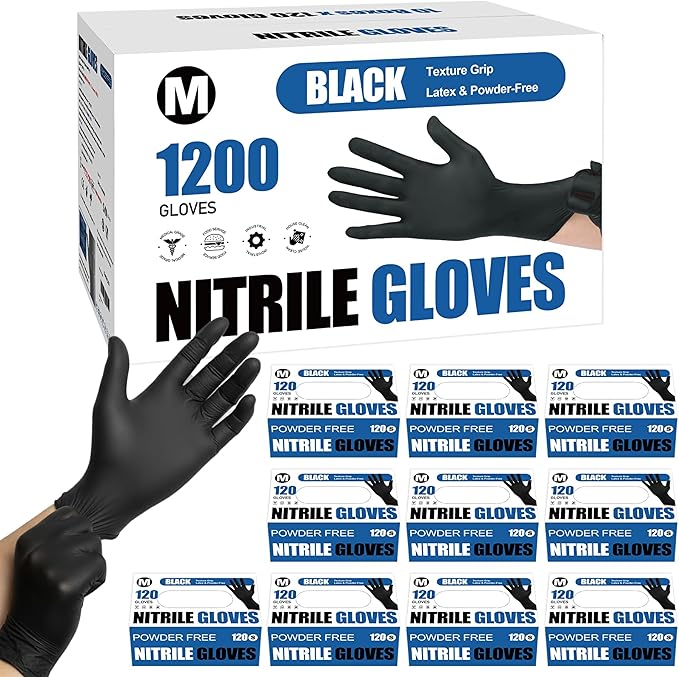 Fixwal Gloves for Cooking Food Prep, Black Disposable Nitrile Gloves, 4 Mil, 1200 Count, Cleaning Service Gloves, Latex Free, Powder Free