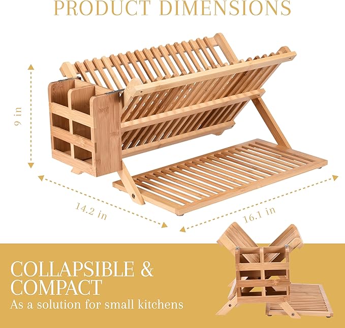 2LB Depot Bamboo Dish Drying Rack - Collapsible Wooden Drainer for Kitchen Counter - Wood Utensil Dryer - Foldable Dish Rack Holder Fit Up to 20 Plates - Folding Wood Kitchen Accessory