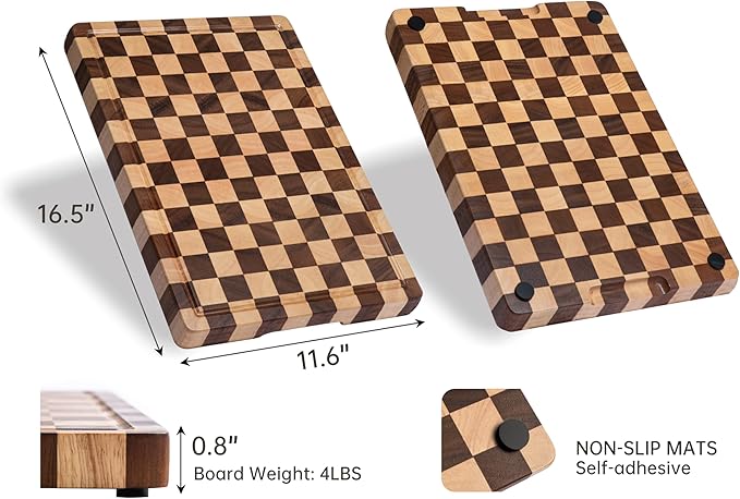 Cutting Boards for Kitchen, Checkered Cutting Board Upgraded, Acacia Wood Chopping Board with Juice Grooves & Handles, Large Butcher Block Serving Tray with Gift Box, 16.5" x 11.6" x 0.8"