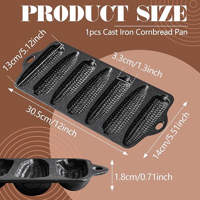 1 Pc Cast Iron Corn stick Pan Corn Bread Molds with 7 Corncob Sticks Cornbread Loaf Cakes Corndog Baking Compatible with Oven, Stovetop, Grill, and Campfires