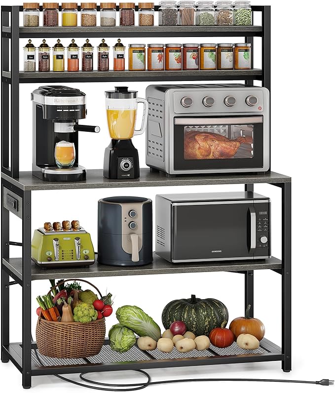 Denkee Large Bakers Rack with Power Outlets, 38 Inch Microwave Stand with Storage, 5-Tier Coffee Bar Stand, Industrial Kitchen Shelf Rack, Grey