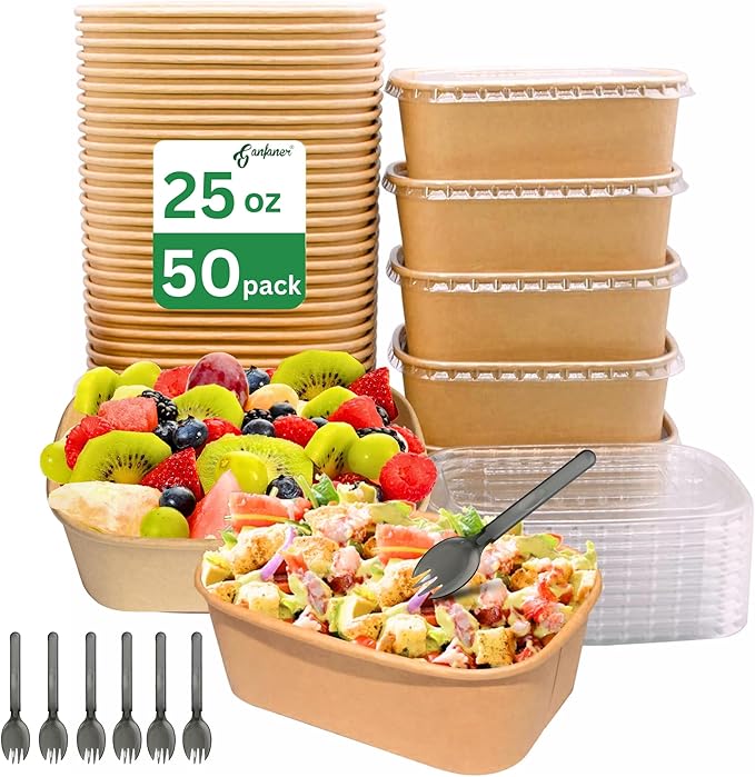 50 Pack 25 oz Disposable Kraft Paper Bowls with Lids, Paper Meal Prep Containers with Sporks, Food Containers Salad Soup Bowls for Party, Perfect for Lunch and Hot Soup