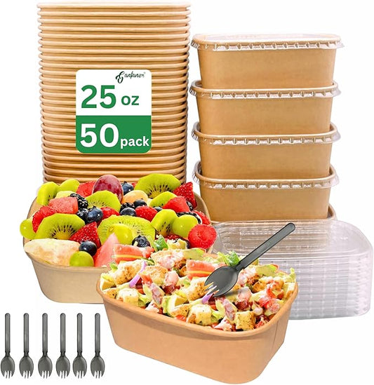 50 Pack 25 oz Disposable Kraft Paper Bowls with Lids, Paper Meal Prep Containers with Sporks, Food Containers Salad Soup Bowls for Party, Perfect for Lunch and Hot Soup
