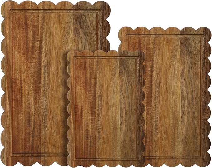 3 Pcs Acacia Wood Scalloped Cutting Boards for Kitchen with Juice Groove Blank Wood Charcuterie Tray for Snack Cheese Appetizers Grazing Platter Engraving Gift Crafts Rustic Wall