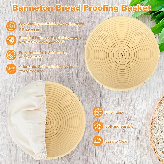 Sourdough Starter Kit, Sourdough Bread Baking Supplies, 9''Banneton Bread Proofing Basket with Glass Sour dough Starter Jar, Breads Scoring Tool,Breads Making Tools Gifts for Bakers Women Wife Mom