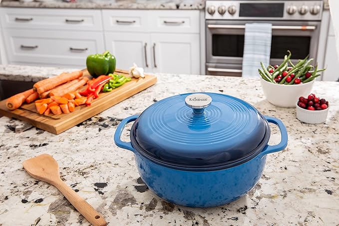 Lodge Essential Enamel Cast Iron Dutch Oven - Perfect for Bread Baking, Braising, Marinating & Slow Cooking - Features Moisture-Sealing Lid & Dual Handles - Kitchen Essentials - 6 Quarts - Caribbean Blue