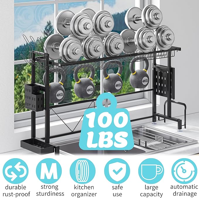 MINGLING Over The Sink Dish Drying Rack, Expandable Height and Length, Large Capacity Stainless Steel Sink Rack, Kitchen Storage and Organization, 24.4"-38.2" L x 9.84" W x 17.7"-22.1" H