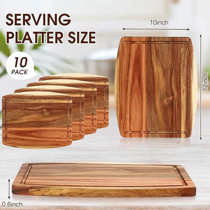 Kigley 10 Pcs Acacia Wood Cutting Boards Bulk for Laser Engraving Wooden Dinner Plates with Groove Chopping Charcuterie Board Carving Tray for Holiday Housewarming Party Gifts (10 x 12 Inch)
