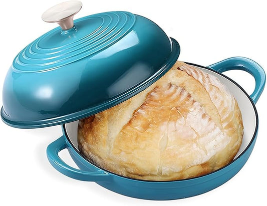 Enameled Round Cast Iron Bread Oven, 6 Qt Cast Iron Dutch Oven for Homemade Sourdough Bread Baking, Bread Dome Pot with Cloche Lid (Blue Green)