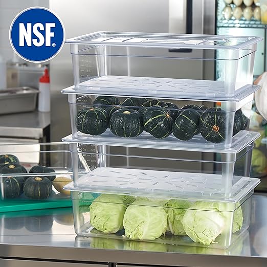 CURTA 4-Pack Full Size 6" Deep NSF Polycarbonate Food Pans with Handled Lids & Drain Trays | Dishwasher & Freezer Safe Clear Container for Prep Tables, Buffet, Salad Bar, Commercial & Home Kitchen