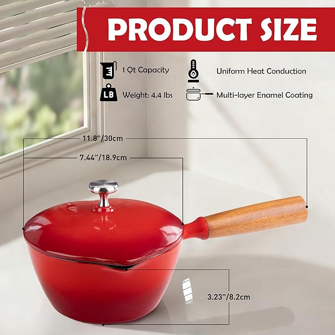 Mabeeze Heart-Shaped Enameled Cast Iron Saucepan with Lid – 1-Quart Red Small Sauce Pot for All Cooktops – Durable, Nonstick Cookware for Milk, Soup, Pasta Sauce – Ideal Gift