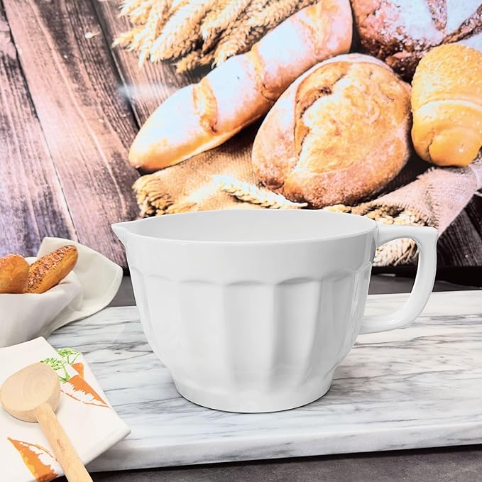 UP Latte Style Melamine Batter Bowl with Pour Spout, Handle and Non-Slip Base, Grip Handle for Easy Mix and Pour, Home Essentials Cooking and Baking Tools, 4.3 quart, 11.5 x 8.75 Inch, White
