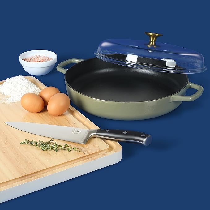 Sur La Table Kitchen Essentials Supper Club 3.75 Quart Enamel Cast Iron All In One Multi-Purpose Non-Toxic Nonstick Braiser Pan W/Borosilicate Glass Lid - Juniper Green
