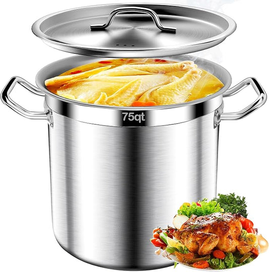 Commercial Grade Large Stock Pot - 75 QT Soup Pot with Lid - Non-Nickel Stainless Steel Stock Pots - Healthy Cookware Polished Stockpots - Heavy Duty Cooking Pots, Cookware Sauce Pots