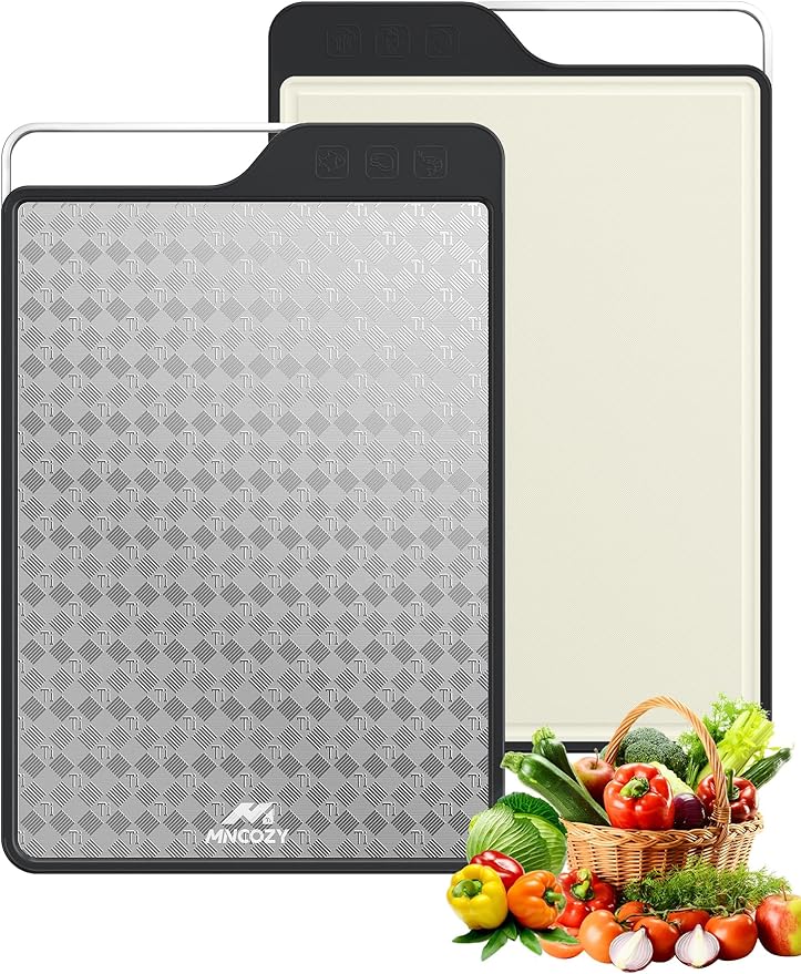 Titanium Cutting Board for Kitchen, Double-Sided Pure Titanium(Checkered Design) & Wheat Straw PP, Food Grade Chopping, Non Toxic, Easy to Clean, 16"×11"