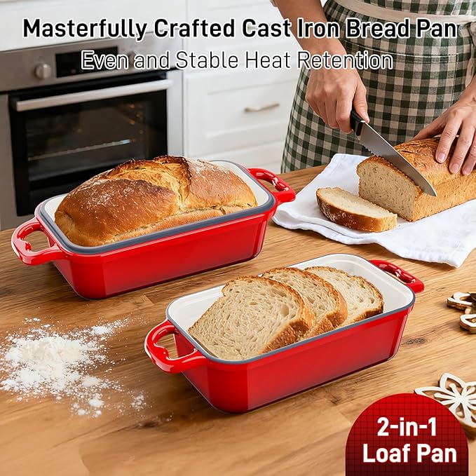 Enameled Cast Iron Dutch Oven for Sourdough Bread Baking, 9 x 5Inch Oval Cast Iron Bread Pan with Lid, 2PCS Dutch Oven for Homemade Sourdough Baking, Meatloaf Pan, Oven Safe, Red