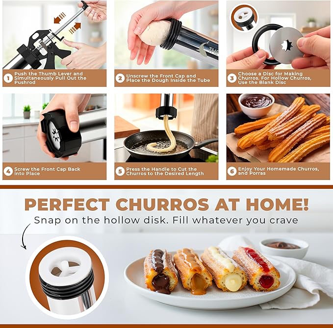 Churro Maker Machine & Spritz Cookie Press Gun Kit – 304 Stainless Steel, Easy to Clean & Large Capacity – Make Authentic Churros & Cookies at Home – Ideal Baking Tool for Families, Chefs & Beginners
