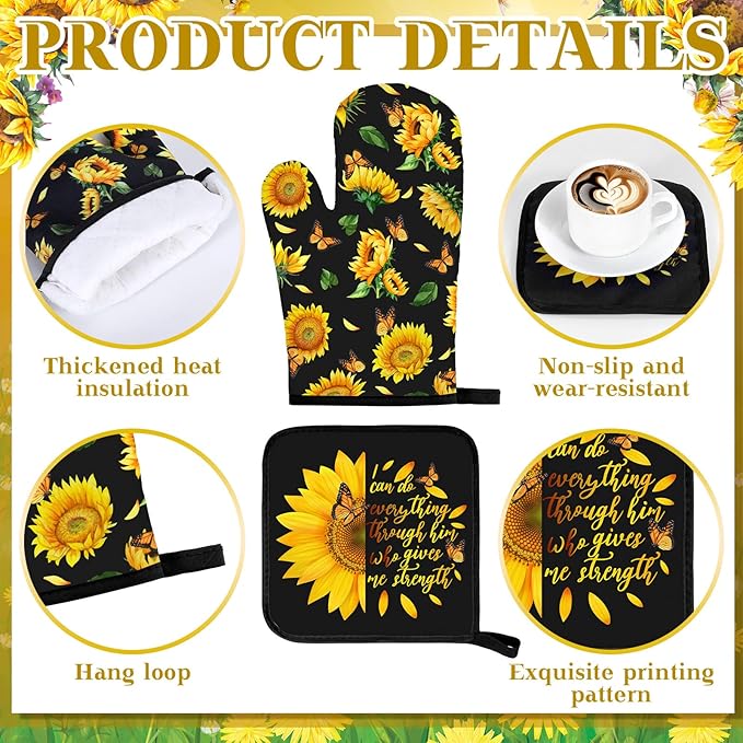 10 Pcs Sunflower Kitchen Decor Sunflower Oven Mitts and Pot Holders Set Black Dish Towels Summer Rugs Mats Farmhouse Kitchen Accessories for Chef Baking Cooking Grilling BBQ Women Home Gift