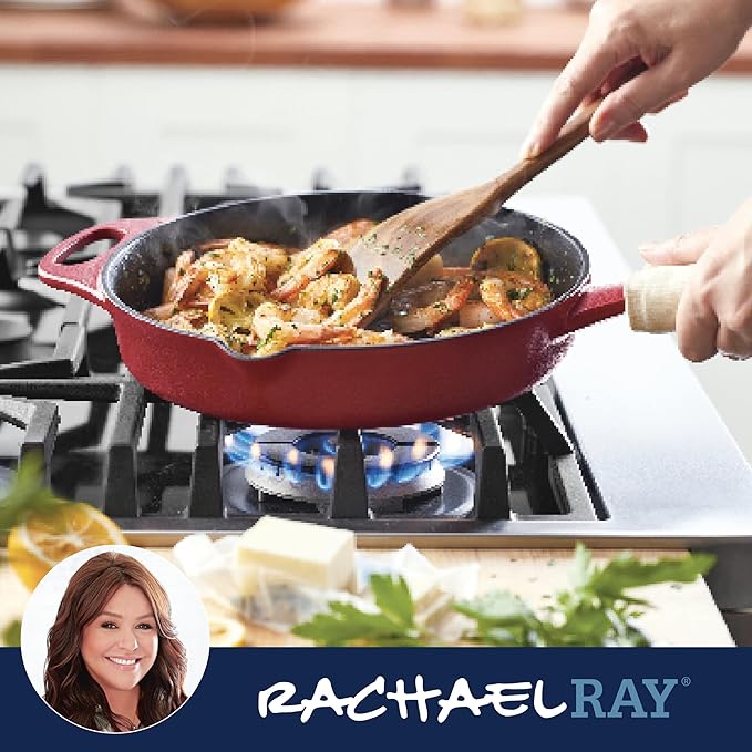 Rachael Ray NITRO Cast Iron Frying Pan/Skillet with Helper Handle and Pour Spouts, 10 Inch, Red