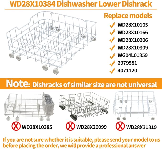 Upgraded WD28X10384 Dishwasher Lower Rack Replacement Parts for GE Dishwasher Parts Bottom Rack GLD5600V00BB GLD4560R00SS GE Dishwasher Rack Lower Dishrack Assembly Bottom Dish Rack 8 Rollers