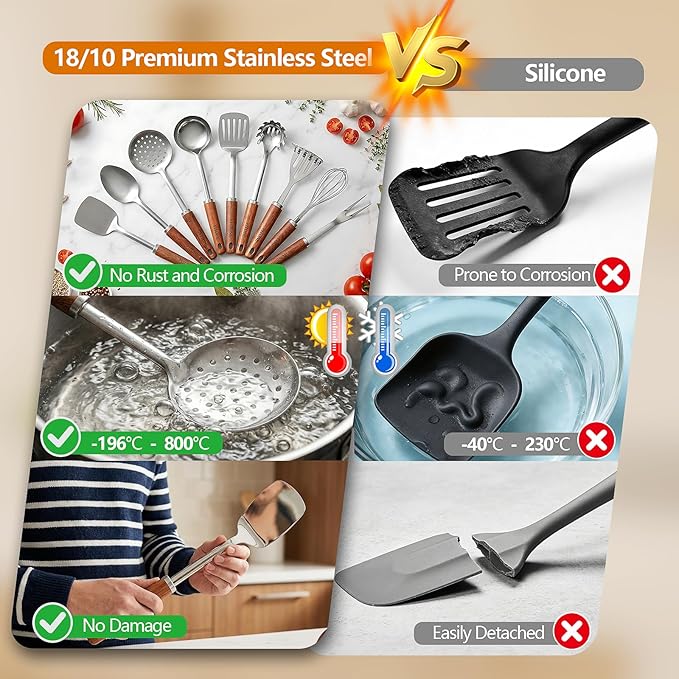 9PCS Cooking Utensils Set, 18/10 Stainless Steel Kitchen Utensils with Wooden Hanlde, Metal Cooking Utensils Set, Spatula, Ladle, Skimmer, Spaghetti Spoon, Potato Masher, Easy To Clean