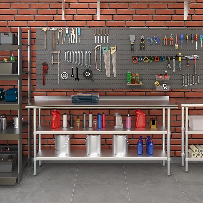 AmGood Stainless Steel Work Table with 1.5" Backsplash and 2 Shelves | Metal Kitchen Food Prep Table | NSF (72" Long x 18" Deep)