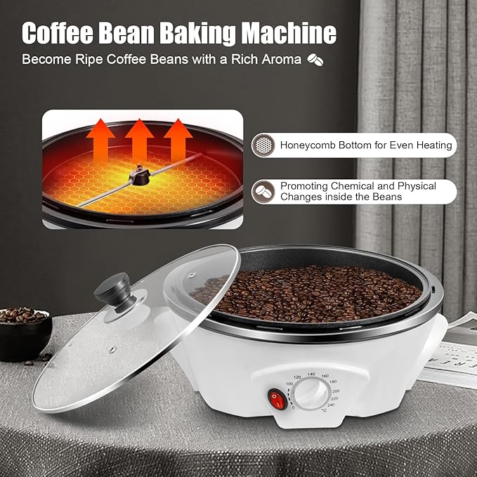 Household Coffee Bean Roasting Baking Machine,110v 800w Electric Roaster, Honeycomb Pot Bottom/Different Temperatures (32-464℉), For Beginners And Coffee Enthusiasts,Capacity 500g/1.1lbs.
