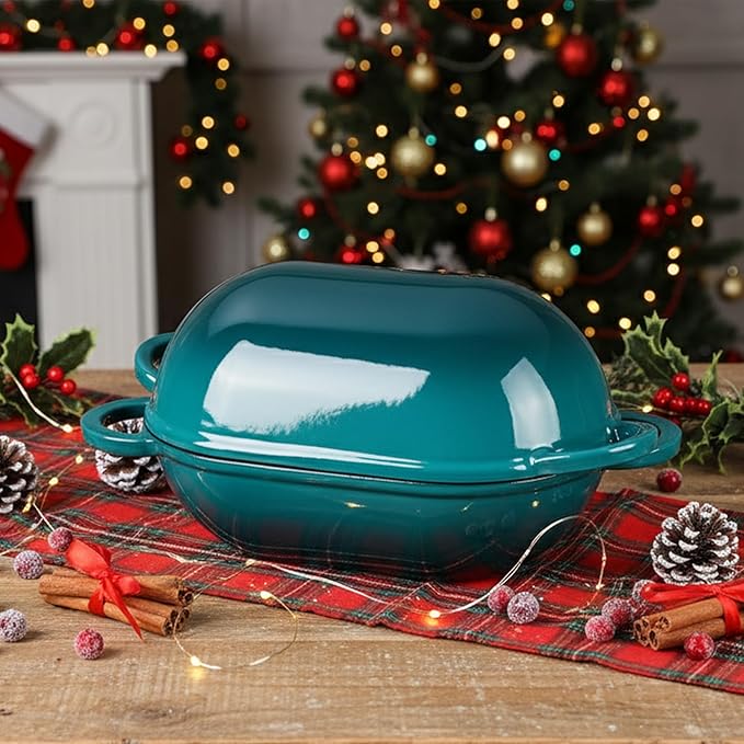Onader Enameled Cast Iron Dutch Oven for Sourdough Bread Baking, 9x5-1/2 Inch Oval Cast Iron Bread Oven Pan with Lid, 2.8QT Meatloaf Pan, Heavy Duty - Dark Cyan