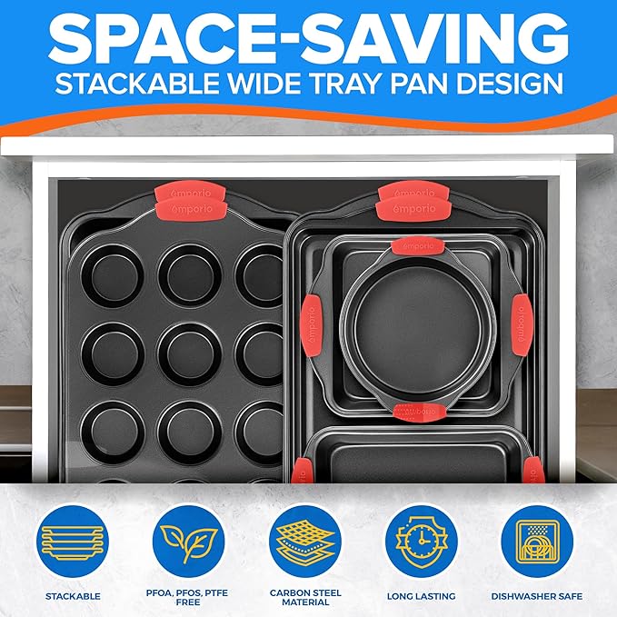 Baking Pan Set - Nonstick Coating, Carbon Steel Bakeware Set with Red Silicone Handles, PFOA, PFOS, PTFE Free, Recipe Booklet Included, Oven Safe Tray (Up To 450° F), Set of 25 - Black