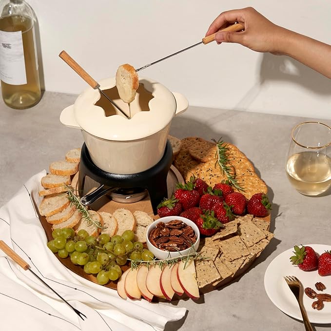 Twine Cast Iron Fondue Set with Metal Stand and Forks, Chocolate Melting Pot, Cheese Fondue Kit Set, Hosting Essentials 8.5", Off-Cream
