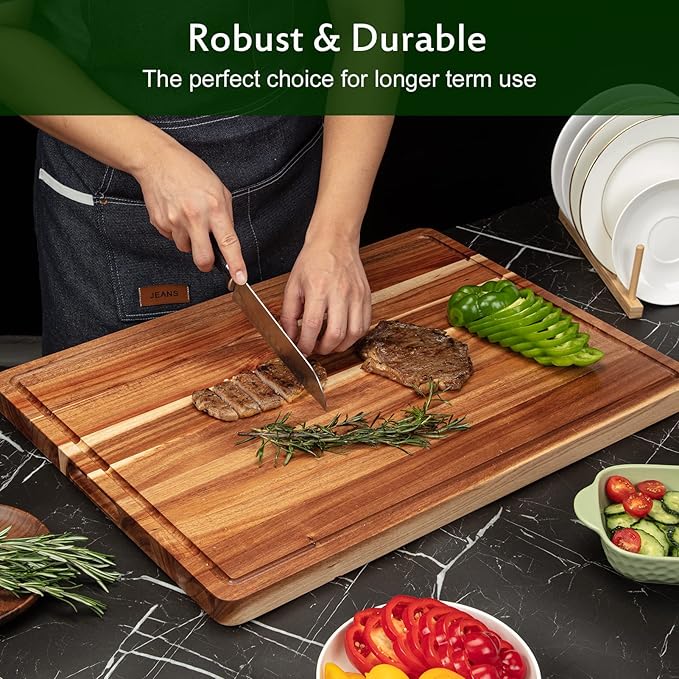 Extra Large Acacia Wood Cutting Board 24"x18" – Reversible Wooden Butcher Block for Kitchen with Deep Juice Groove, Side Handles – Chopping Board & Serving Tray for Meat, Vegetables, Cheese