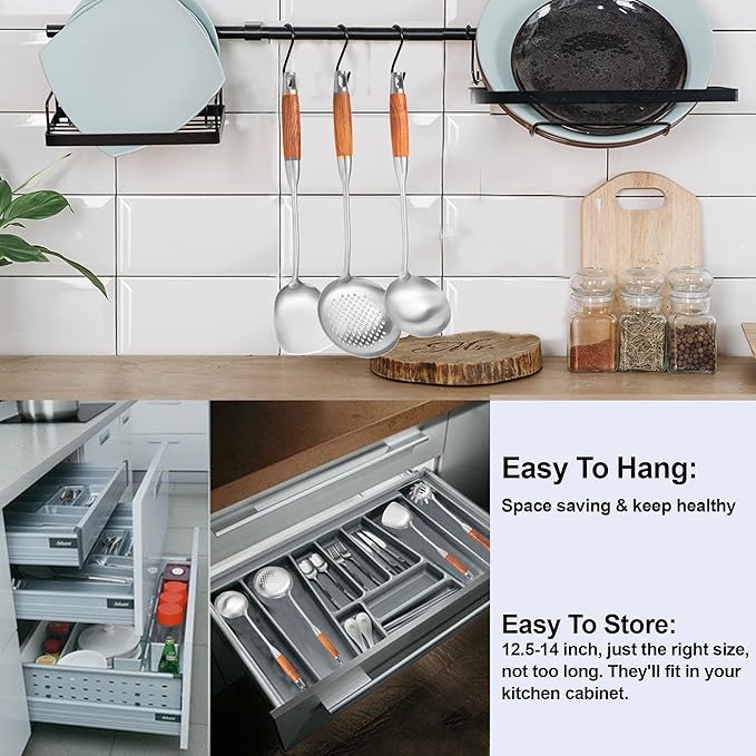 Stainless Steel Kitchen Utensils 12.5"-14" Wooden Handle Metal Cooking Utensils Set 9 PCS, Solid and Slotted Spoon, Fork, Spatula, Ladle, Skimmer, Slotted Tunner, Spaghetti Large Spoon