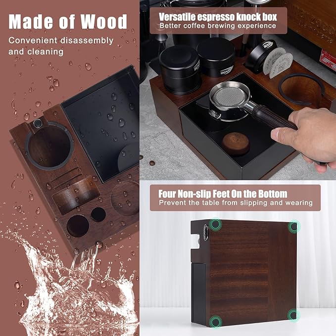 IKAPE V5 Espresso Knock Box, Espresso Coffee Organizer Box Fit for Storage 51, 54, 58MM Espresso Tamper, Distributor, Portafilter & Puck Screen Accessories, Natural Walnut Station Base(9 IN One)